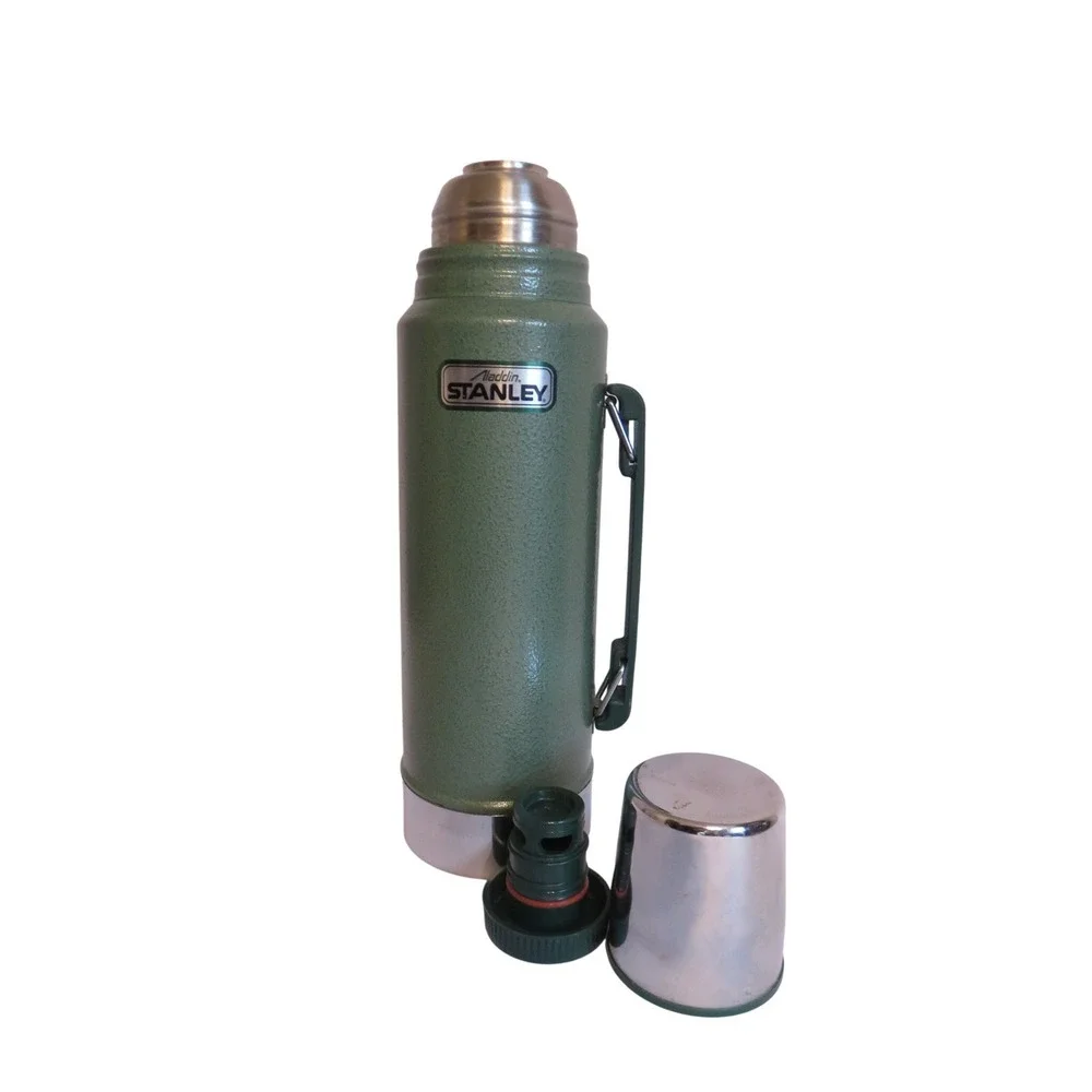 Aladdin Stanley Vacuum Bottle Quart Size Green Metal Handle Stopper Cup - Picture 5 of 8